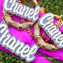 Load image into Gallery viewer, KARMA NAMEPLATE SET- EARRINGS AND NECKLACE - HOLIDAY SALE