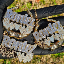 Load image into Gallery viewer, KARMA NAMEPLATE SET- EARRINGS AND NECKLACE - HOLIDAY SALE