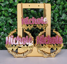 Load image into Gallery viewer, KARMA NAMEPLATE SET- EARRINGS AND NECKLACE - HOLIDAY SALE