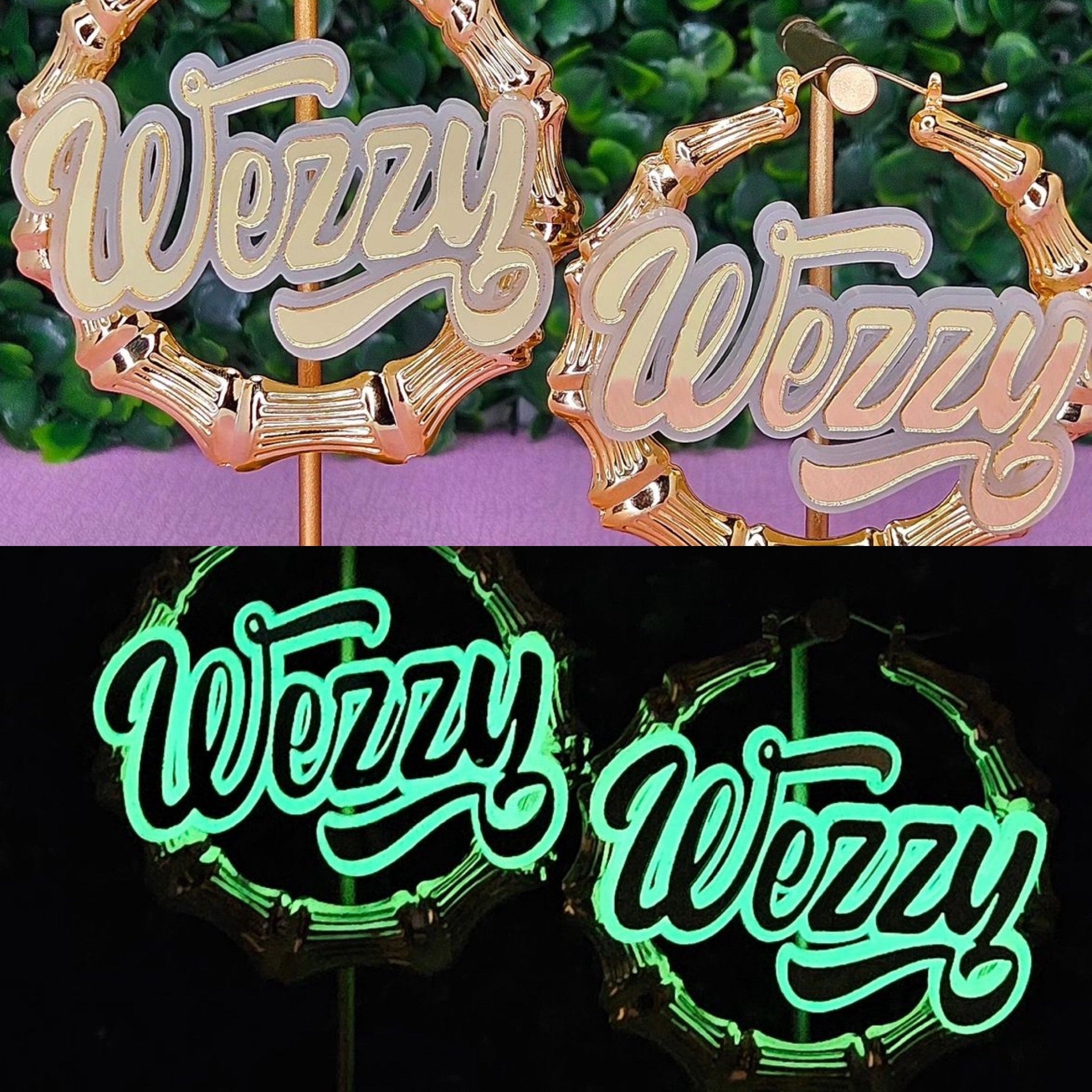 LIGHTS OUT (GLOW IN DARK) NAMEPLATE EARRINGS