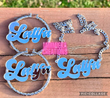 Load image into Gallery viewer, MIRROR ME EARRINGS/NECKLACE NAMEPLATE SET
