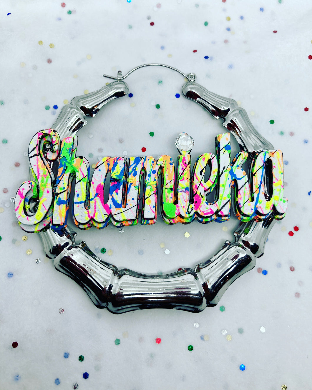 SPLATTER PAINT NAMEPLATE EARRINGS