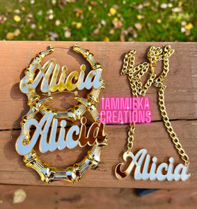 ALICIA EARRINGS/NECKLACE NAMEPLATE SET
