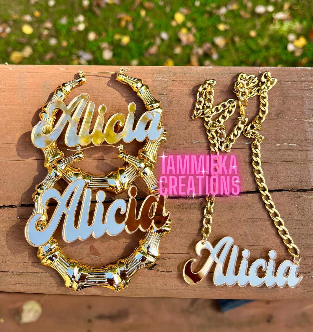 ALICIA EARRINGS/NECKLACE NAMEPLATE SET